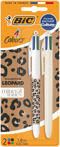 Lot de 2 stylos bille 4 couleurs BIC - Minéral et léopard - Bleu, rouge, vert, noir - Pointe moyenne