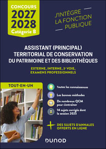 Concours Assistant (principal) territorial de conservation du patrimoine et des bibliothèques - Externe, interne, 3e voie, examens professionnels - Catégorie B - Tout-en-un (édition 2027/2028)