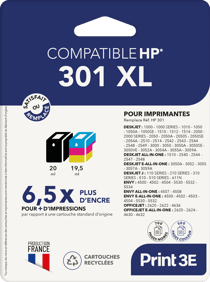 Pack de 2 cartouches d'encre Print3E - compatibles HP 301 XL - Noir, Couleur
