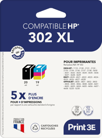 Pack de 2 cartouches d'encre Print3E - compatibles HP 302 XL - Noir, Couleur