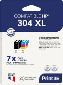 Pack de 2 cartouches d'encre Print3E - compatibles HP 304 XL - Noir, Couleur