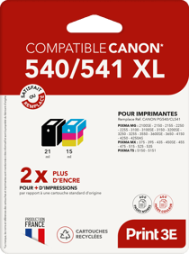 Pack de 2 cartouches d'encre Print3E - compatibles Canon PG-540 XL / CL-541 XL - Noir, Couleur