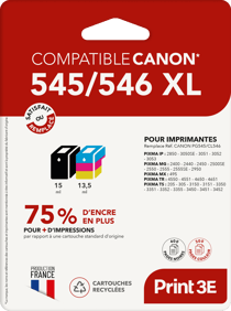 Pack de 2 cartouches d'encre Print3E - compatibles Canon PG-545 XL / CL-546 XL - Noir, Couleur