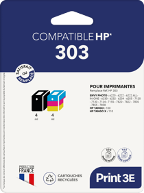 Pack de 2 cartouches d'encre Print3E - compatibles HP 303 - Noir, Couleur