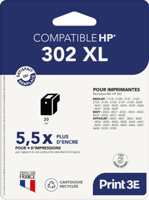 1 Cartouche d'encre Print3E - compatible HP 302 XL - Noir