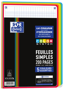 Feuilles simples A4 21 x 29.7 cm - 200 pages grands carreaux Seyès - Oxford - bleu, vert, jaune, orange et rouge