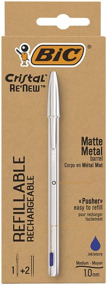 Stylo rechargeable en plastique recyclé + 2 recharges - Bleu - Cristal Re'New - Pointe moyenne - Bic - métal argent à capuchon