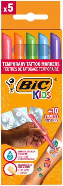 Lot de 5 feutres de tatouage temporaire + pochoirs - BIC Kids - Tattoo