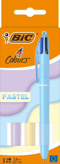 Lot de 3 stylos bille 4 couleurs BIC - Pastel - Bleu / rouge / vert / noir - Pointe moyenne