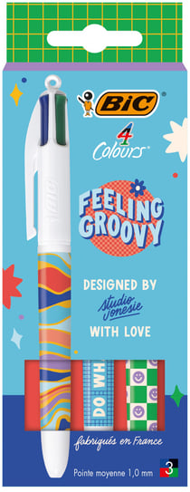 Lot de 3 stylos bille 4 couleurs BIC - Feeling Groovy - Bleu, rouge, vert, noir - Pointe moyenne