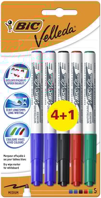 Lot de 5 stylos-feutres effaçables à sec - Velleda - Pointe moyenne - Bic
