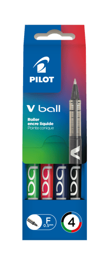 Pochette de 4 stylos roller Pilot - V-Ball 05 - Noir / Bleu / Rouge / Vert - Pointe Fine