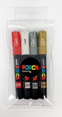Pochette de 4 marqueurs POSCA - Pointe conique extra-fine - Or, Argent, Blanc et Rouge - PC1MC