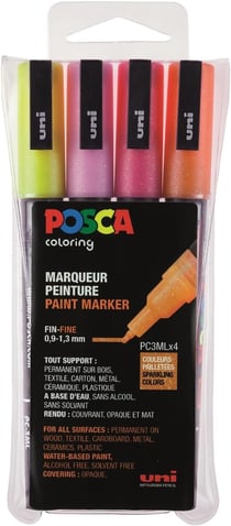Lot de 4 feutres marqueurs peinture acryliques à base d'eau pointe conique fine - Posca - Couleurs chaudes pailletées - PC3ML
