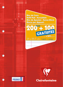 Bloc de cours encollé Clairefontaine - 300 pages (200+100 gratuites) lignées - Blanc - A4 21 x 29,7 cm - 90 g/m²