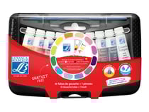 Coffret de 10 tubes de peinture gouache avec pinceau - Usage scolaire - 10 x 10 ml - Lefranc & Bourgeois