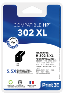 Cartouche d'imprimante Print 3E - Compatible HP 302 XL - Noir