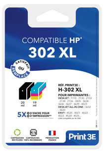 Cartouches d'imprimante Print 3E - Compatibles HP H302 XL - Noir/Couleur