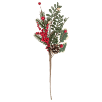 Branche avec feuillages baies et pommes de pin - Vert, rouge et or - 40 cm