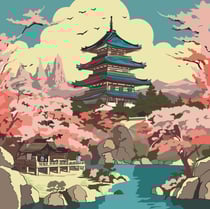 Kit de peinture par numéro Oz International - Soleil Levant : Pagode