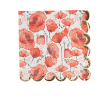 16 Serviettes Poppy Love - Coquelicot Rouge Aquarelle et Or - 33 x 33 cm