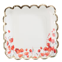 8 Assiettes Poppy Love - Coquelicot Rouge Aquarelle et Or - 23.5 cm       