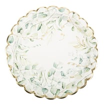 8 Assiettes Sauge Green Blanches, Vert Sauge et Or - 22.5cm