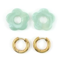 Kit boucles d'oreilles créoles - Fleurs vert d'eau - Acier inoxydable - Créalia