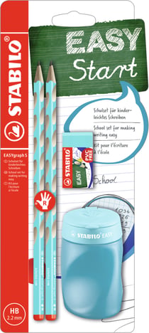 Lot de 2 crayons graphites droitiers mine HB + 1 taille-crayons EASYsharpener + 1 gomme - STABILO - Bleu ciel - EASYgraph S
