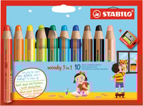 Lot de 10 crayons multi-talents pointe extra-large + 1 taille-crayon - STABILO - Couleurs assorties - Woody 3 in 1