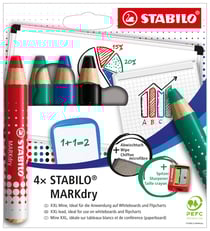 Lot de 4 crayons marqueurs STABILO MARKdry avec taille-crayon et chiffonnette - rouge, bleu, vert, noir