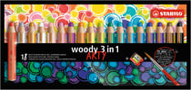 Lot de 18 crayons multi-talents pointe extra-large + 1 taille-crayons + 1 pinceau - STABILO - Couleurs assorties - Woody 3 in 1 ARTY