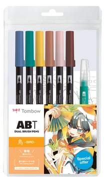 Lot de 6 feutres pinceau ABT aquarelle à double pointe - Tombow - 6P-MANGA-BIRD - Oiseau