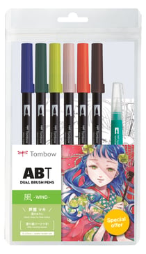 Lot de 6 feutres pinceau ABT aquarelle à double pointe - Tombow - 6P-MANGA-WIND - Vent