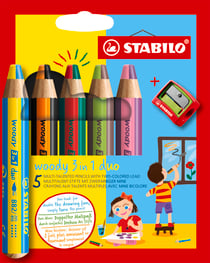 Lot de 5 crayons multi-talents pointe extra-large + 1 taille-crayons - STABILO - Couleurs assorties - Woody 3 in 1
