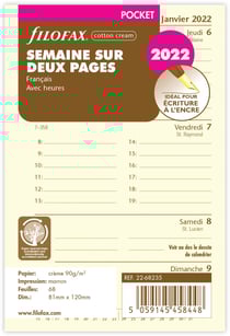 Recharge pour organiseur semainier 2022 - 8,1 x 12 cm - Filofax - Crème coton