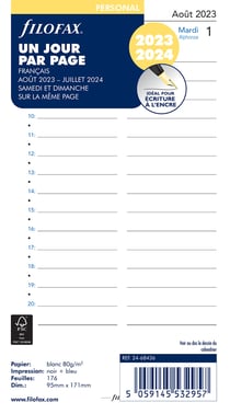 Recharge scolaire 2023/2024 1 jour/page - Format Personal - Filofax - Blanc
