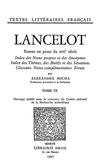 Lancelot : roman en prose du XIIIe siècle - Tome IX, Index des noms propres et des anonymes ; index des thèmes, des motifs et des situations ; glossaire ; notes complémentaires ; errata