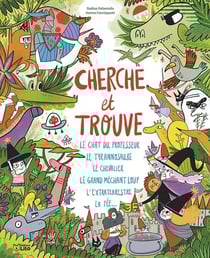 Cherche et trouve : Le chat du professeur, le tyrannosaure, le chevalier, le grand méchant loup, l'extraterrestre, la fée...