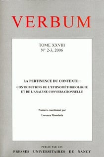 VERBUM n.18/2.3 : la pertinence du contexte - contributions de l'ethnométhodologie