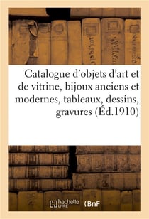 Catalogue d'objets d'art et de vitrine, bijoux anciens et modernes, tableaux, dessins, gravures : meubles anciens et de style, fourrures, tentures, tapis, étoffes