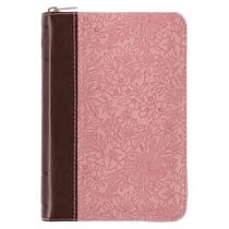 PINK AND SADDLE TAN FAUX LEATHER MINI POCKET - KING JAMES VERSION BIBLE WITH ZIPPERED CLOSURE