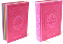 Noble coran avec pages arc-en-ciel (rainbow) - bilingue (fr/ar) - couverture daim rose