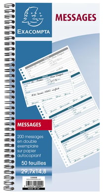 Carnet spiralé Exacompta - 29,7x14,8cm - Messages téléphones (4 à la page) - 50 feuilles dupli autocopiantes