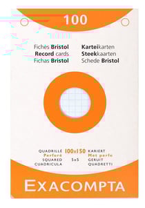 Étui de 100 fiches Exacompta - bristol quadrillé 5x5 perforé 100x150mm - Couleurs assorties