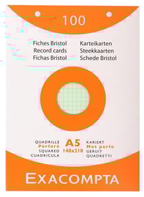 Etui de 100 fiches bristol Exacompta - quadrille 5x5 perfore 148x210mm - couleurs assorties