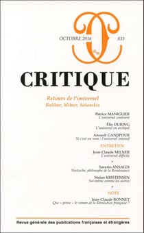 Revue Critique n.833 : retours de l'universel : Balibar, Milner, Salanskis