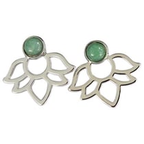Boucles d'oreilles perles Aventurine verte et Lotus métal argenté