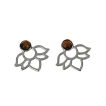 Boucles d'oreilles perles Oeil de tigre et Lotus métal argenté