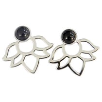 Boucles d'oreilles perles Onyx noir et Lotus métal argenté
